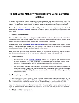 To Get Better Mobility You Must Have Better Elevators Installed
