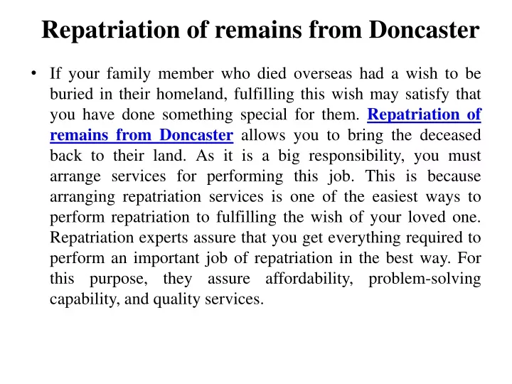 repatriation of remains from doncaster