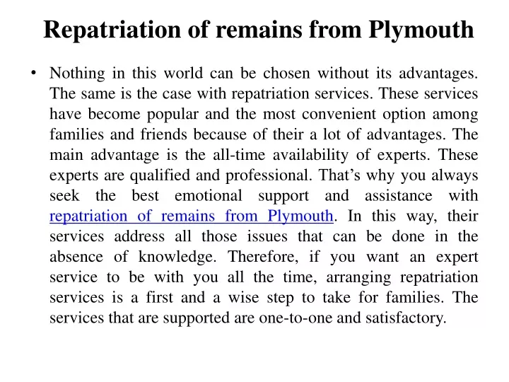 repatriation of remains from plymouth