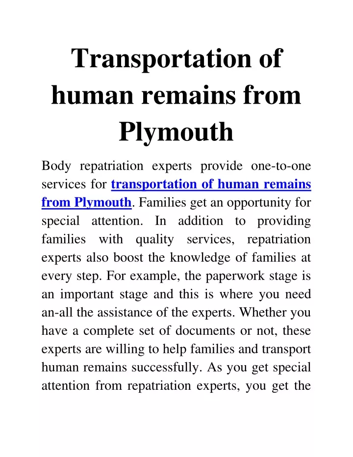 transportation of human remains from plymouth