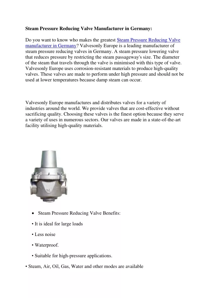 steam pressure reducing valve manufacturer
