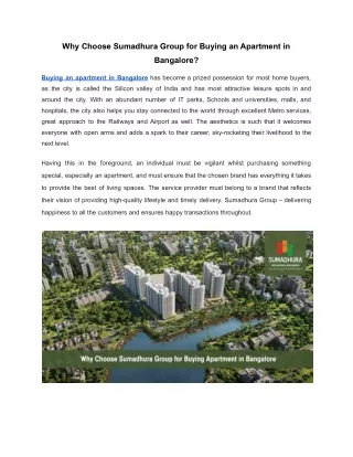 Why Choose Sumadhura Group for Buying an Apartment in Bangalore