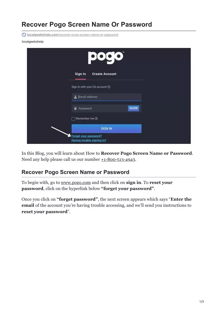 recover pogo screen name or password