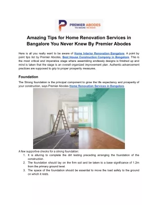 Amazing Tips for Home Renovation Services in Bangalore You Never Knew By Premier Abodes