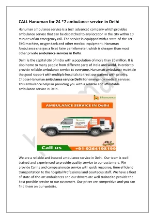 Call Hanuman 24x7 For Ambulance service Delhi