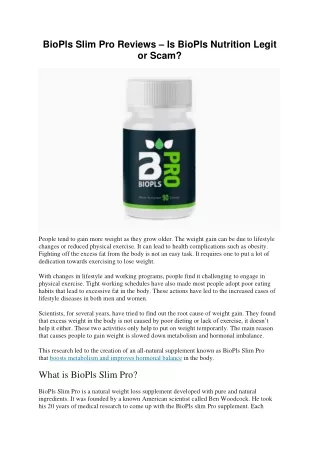BioPls Slim Pro Reviews – Is BioPls Nutrition Legit or Scam?