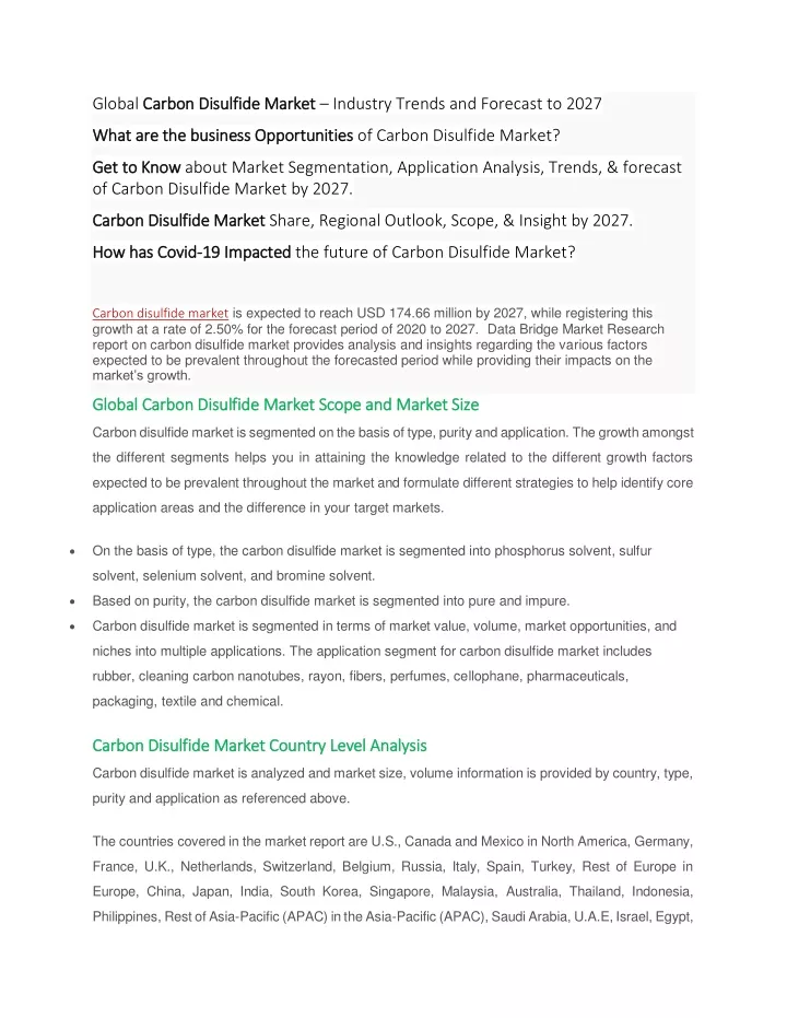 global carbon disulfide market carbon disulfide