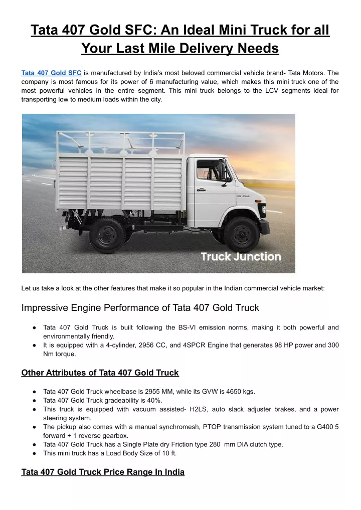 tata 407 gold sfc an ideal mini truck
