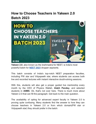 how to choose teachers in yakeen 2 0 batch 2023