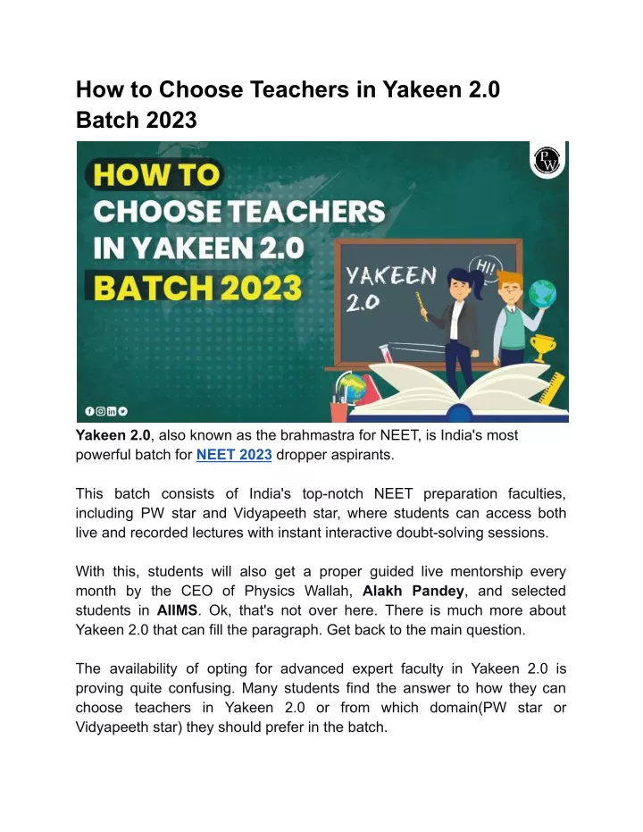 how to choose teachers in yakeen 2 0 batch 2023