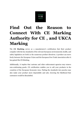 Find Out the Reason to Connect With CE Marking Authority for CE , and UKCA Marking