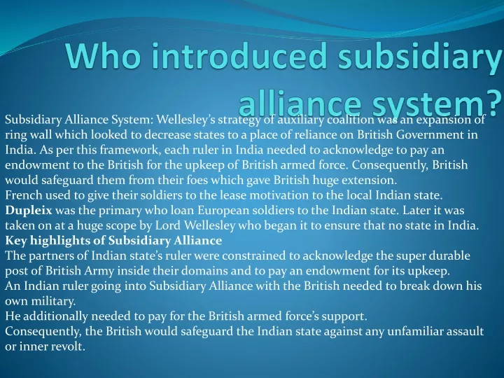 who introduced subsidiary alliance system