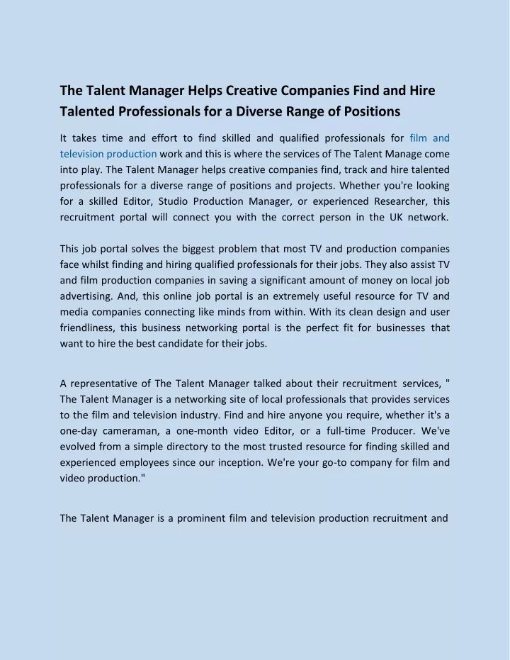the talent manager helps creative companies find