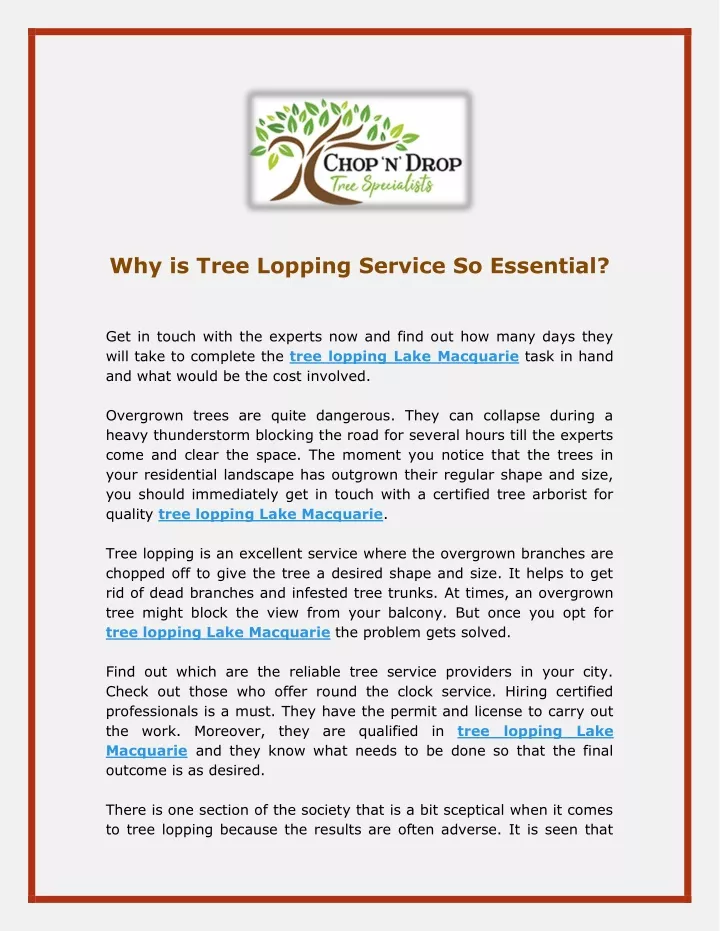 why is tree lopping service so essential