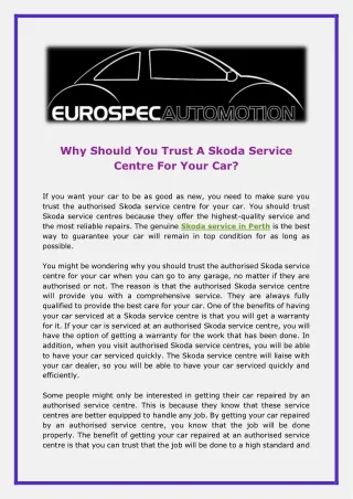 Why Should You Trust A Skoda Service Centre For Your Car
