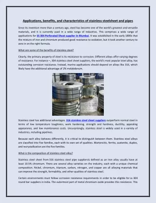 Applications, benefits, and characteristics of stainless steelsheet and pipes