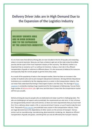 Delivery Driver Jobs are in High Demand Due to the Expansion of the Logistics Industry