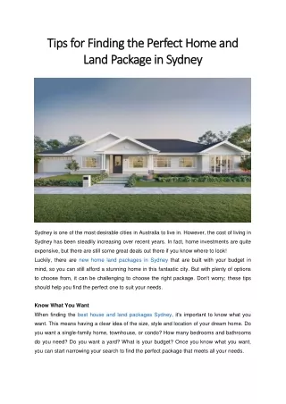Tips for Finding the Perfect Home and Land Package in Sydney