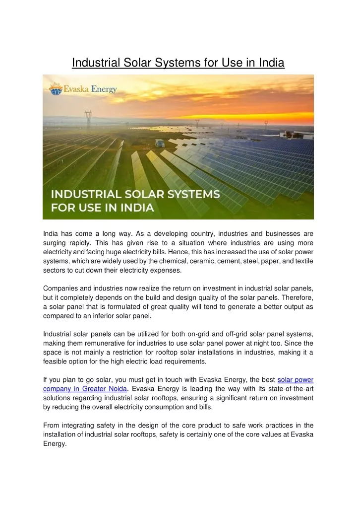 industrial solar systems for use in india