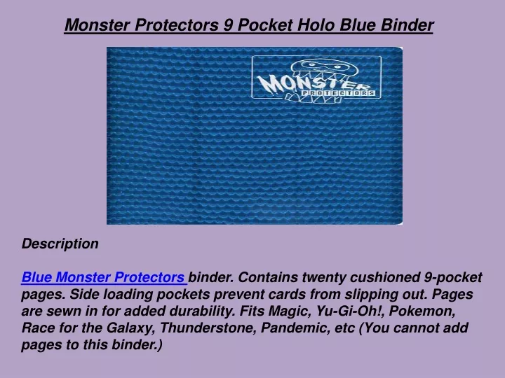 monster protectors 9 pocket holo blue binder