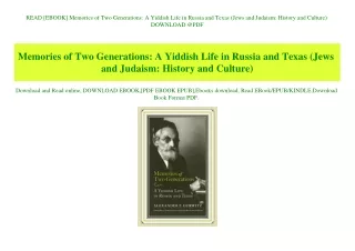 READ [EBOOK] Memories of Two Generations A Yiddish Life in Russia and Texas (Jews and Judaism History and Culture) DOWNL