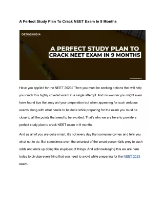 A Perfect Study Plan To Crack NEET Exam In 9 Months