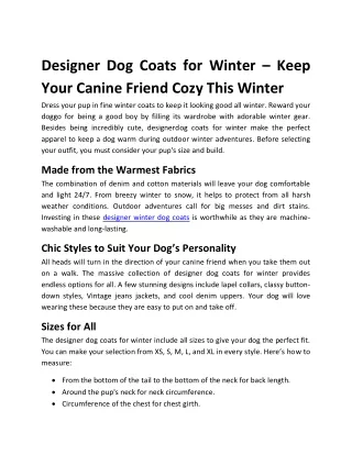 Designer Dog Coats For Winter