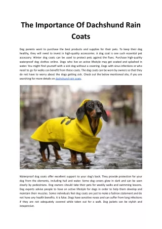 The Importance Of Dachshund Rain Coats