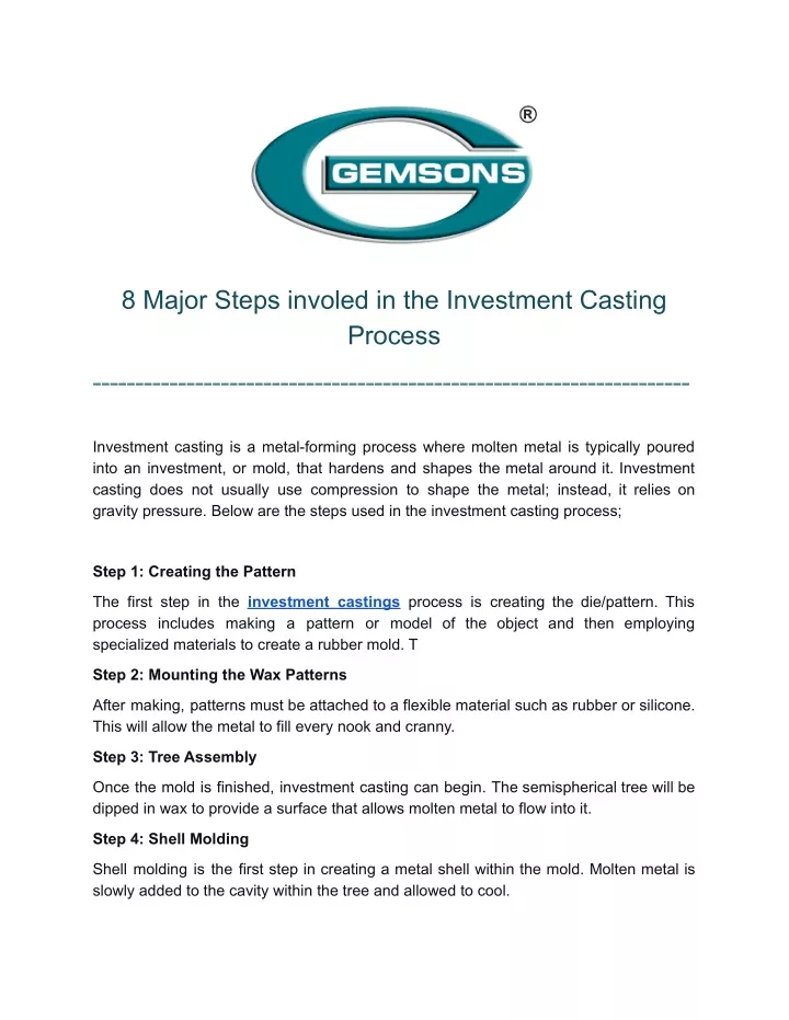 8 major steps involed in the investment casting