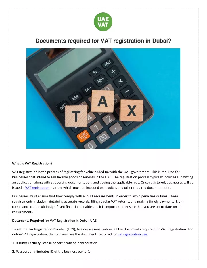documents required for vat registration in dubai