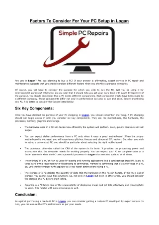 Factors To Consider For Your PC Setup in Logan
