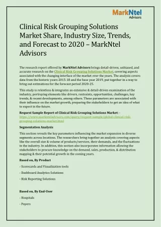 Clinical Risk Grouping Solutions Market Share, Industry Size, Trends, and Forecast to 2020 – MarkNtel Advisors