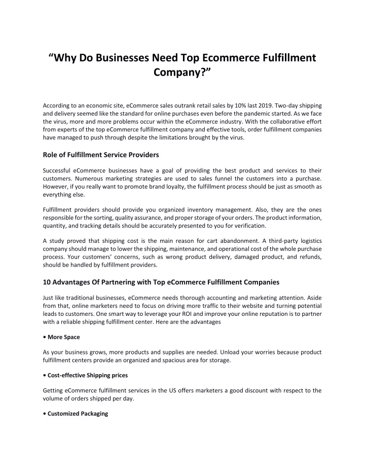 why do businesses need top ecommerce fulfillment