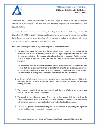 affluence advisory pvt ltd rbi issues digital