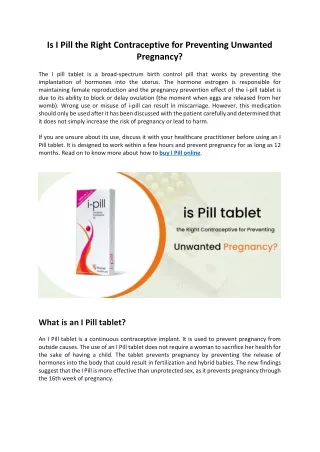 Is I Pill the Right Contraceptive for Preventing Unwanted Pregnancy