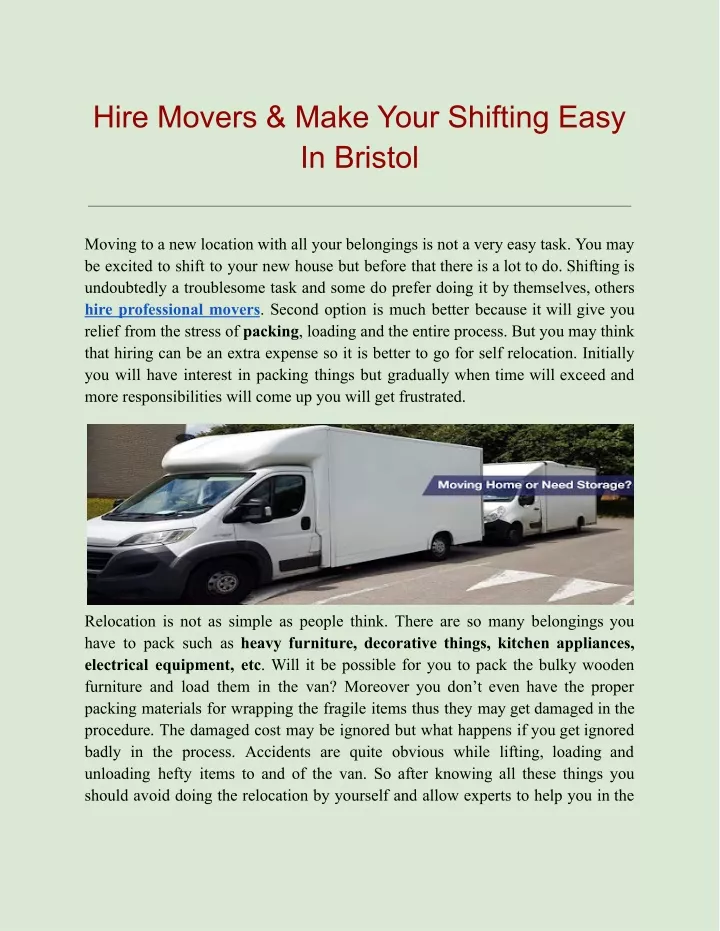 hire movers make your shifting easy in bristol