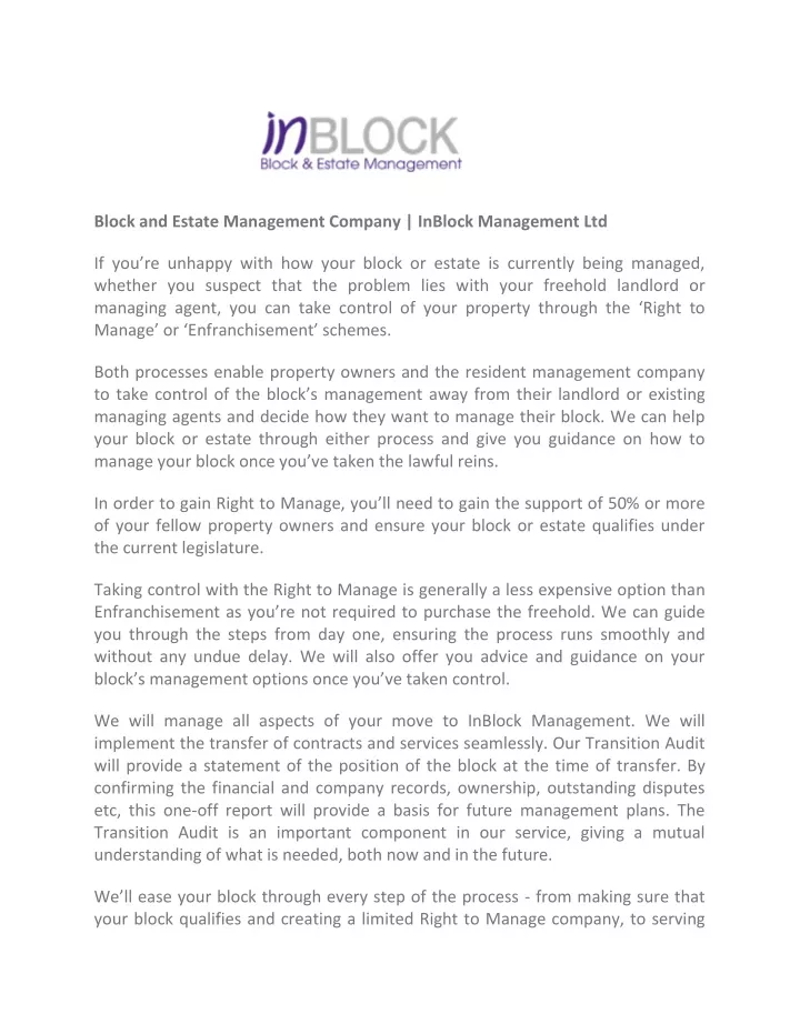 block and estate management company inblock