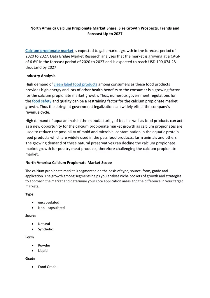 north america calcium propionate market share