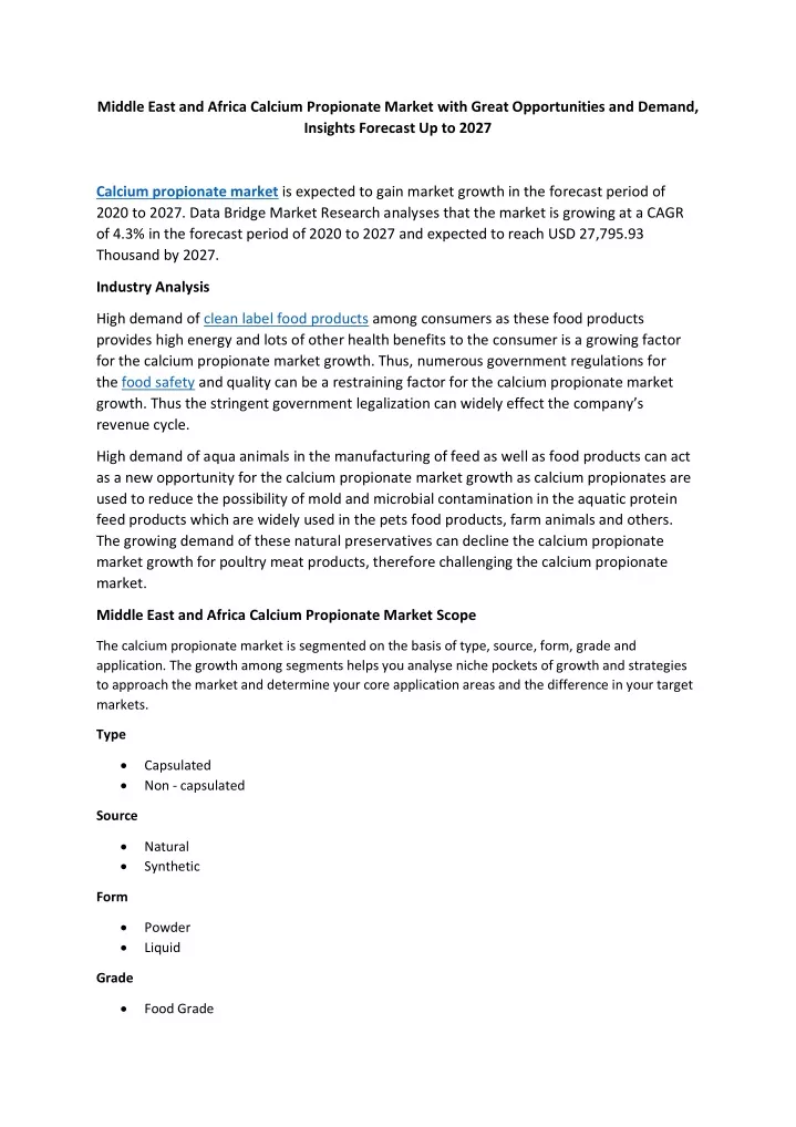 middle east and africa calcium propionate market