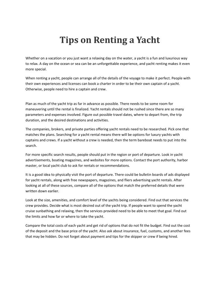 tips on renting a yacht