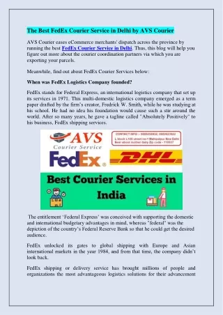 The Best FedEx Courier Service in Delhi by AVS Courier