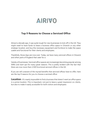 Top 9 Reasons to Choose a Serviced Office