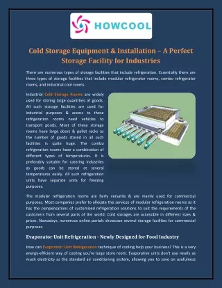 Cold Storage Equipment & Installation – A Perfect Storage Facility for Industries