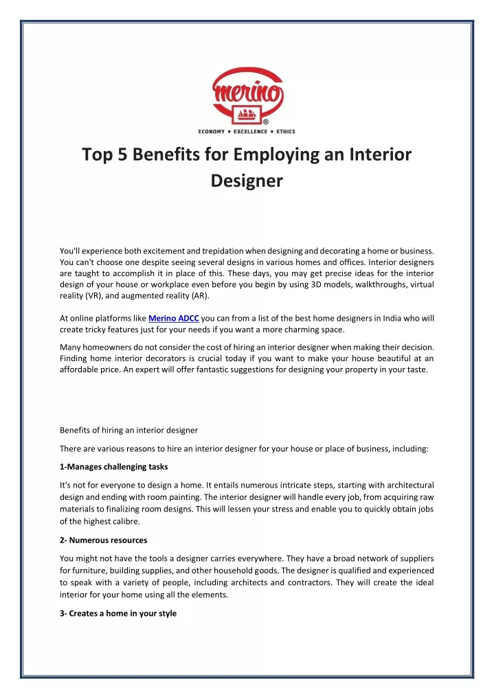 top 5 benefits for employing an interior designer