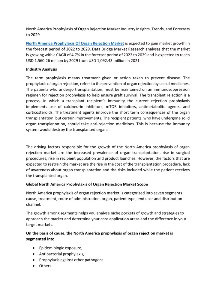 north america prophylaxis of organ rejection