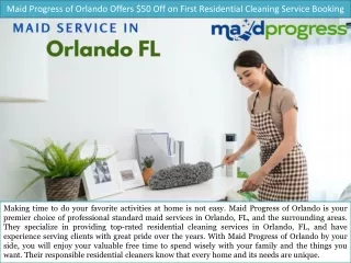 Maid Progress of Orlando Offers $50 Off on First Residential Cleaning Service Booking