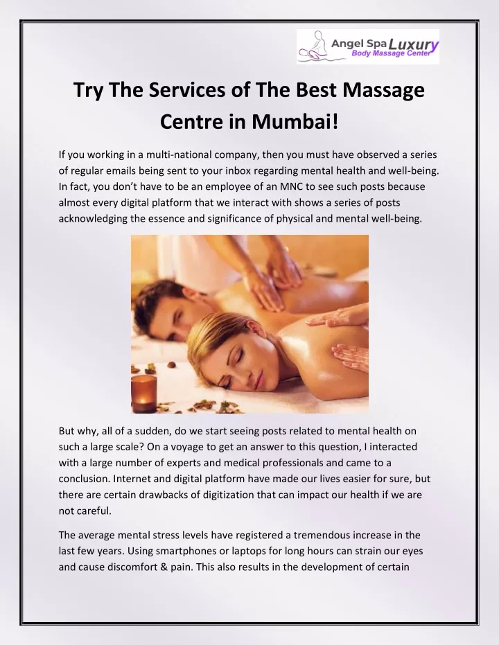 try the services of the best massage centre