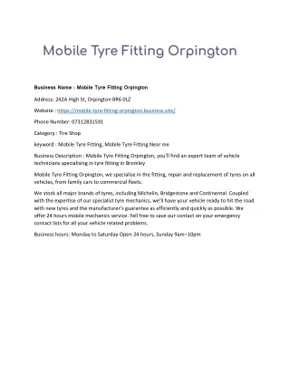 Mobile Tyre Fitting Orpington