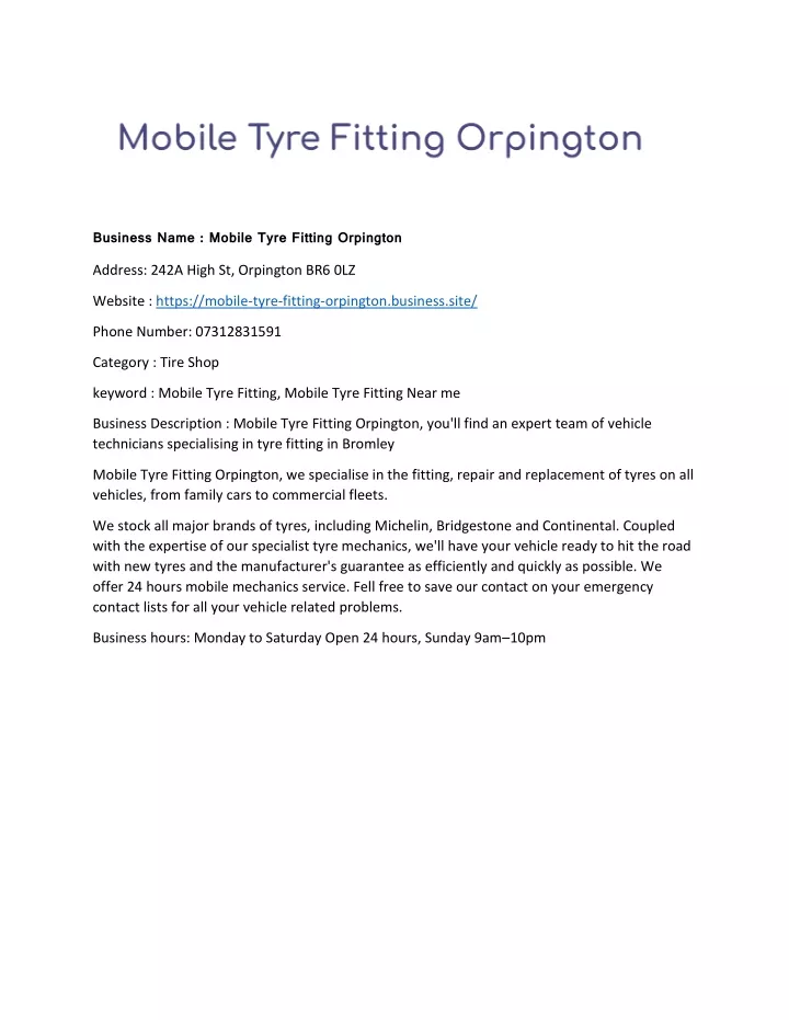business name mobile tyre fitting orpington
