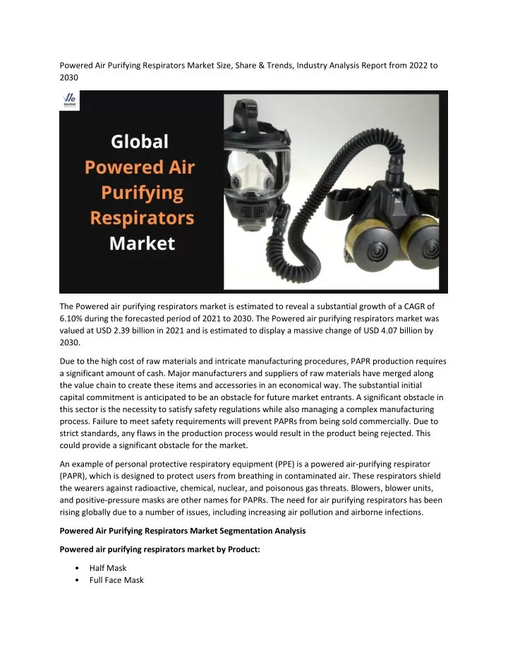 powered air purifying respirators market size